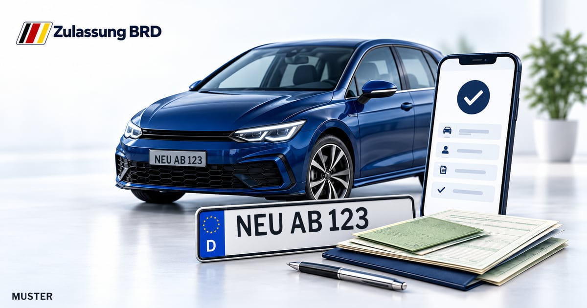 Online Fahrzeugzulassung in Neuenburg am Rhein: Musterkennzeichen NEU AB 123, Auto und Fahrzeugpapiere und Smartphone. Illustration mit Logo von Zulassung BRD.
